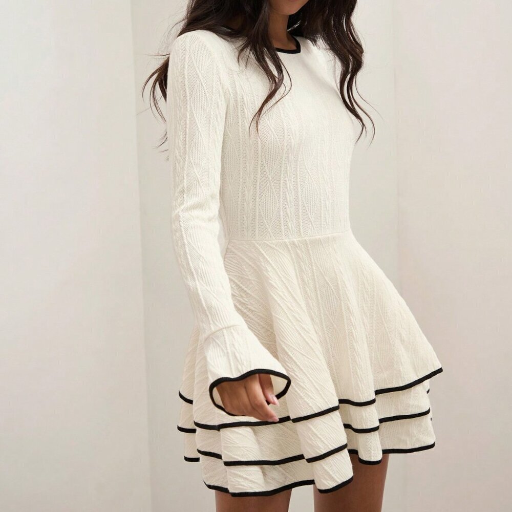 Multicolor Casual Women's Old Money Patchwork Trim Layered Hem Dress - Picture 3 of 6